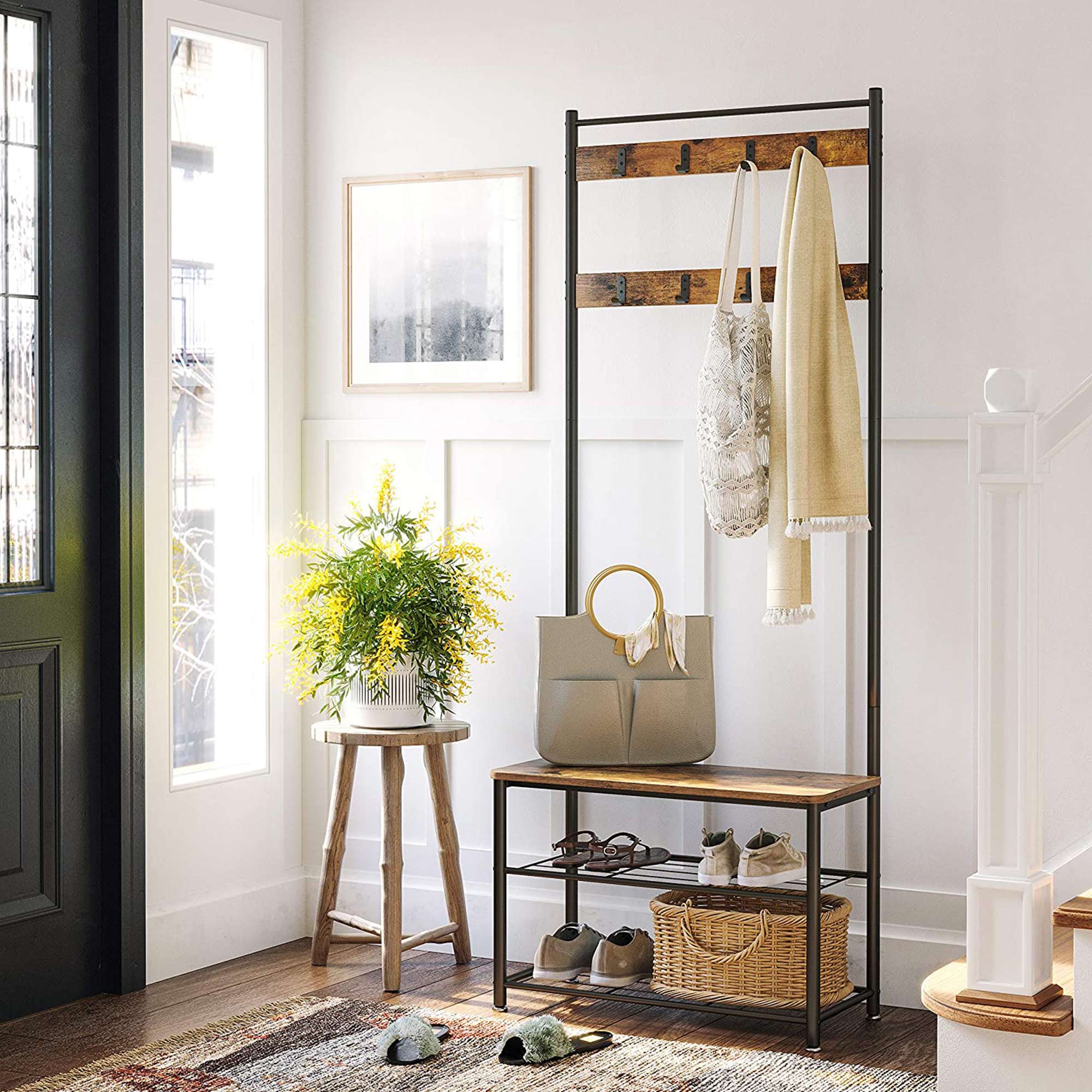 Kleiderregal - Schuhregal mit Sofa - mit 3 Haken - dunkelbraun