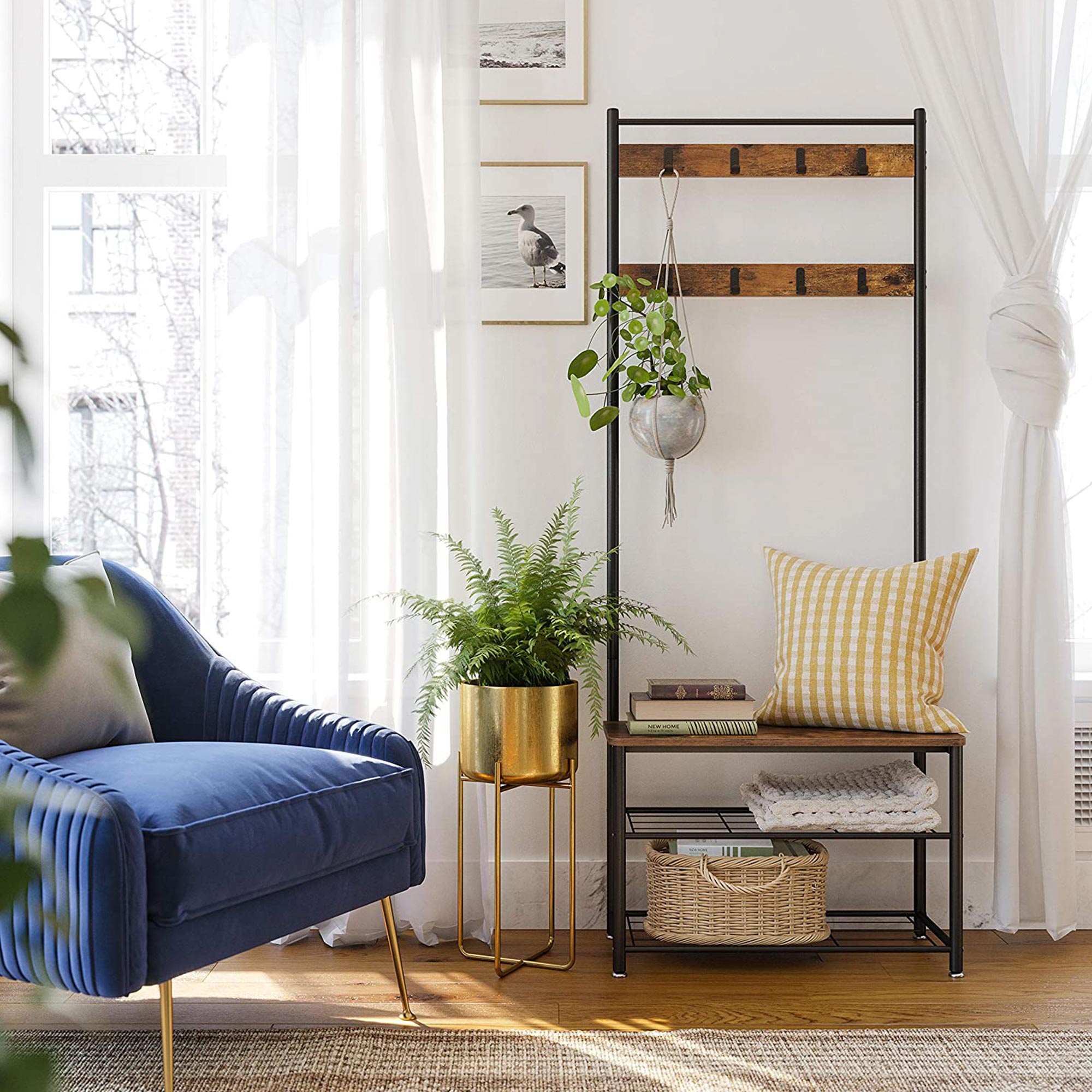 Kleiderregal - Schuhregal mit Sofa - mit 3 Haken - dunkelbraun