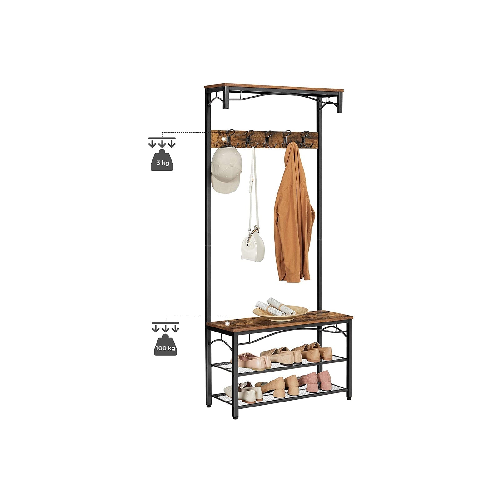 Kleiderregal - Schuhregal - mit Sitz - 5 abnehmbare Haken - Industrial