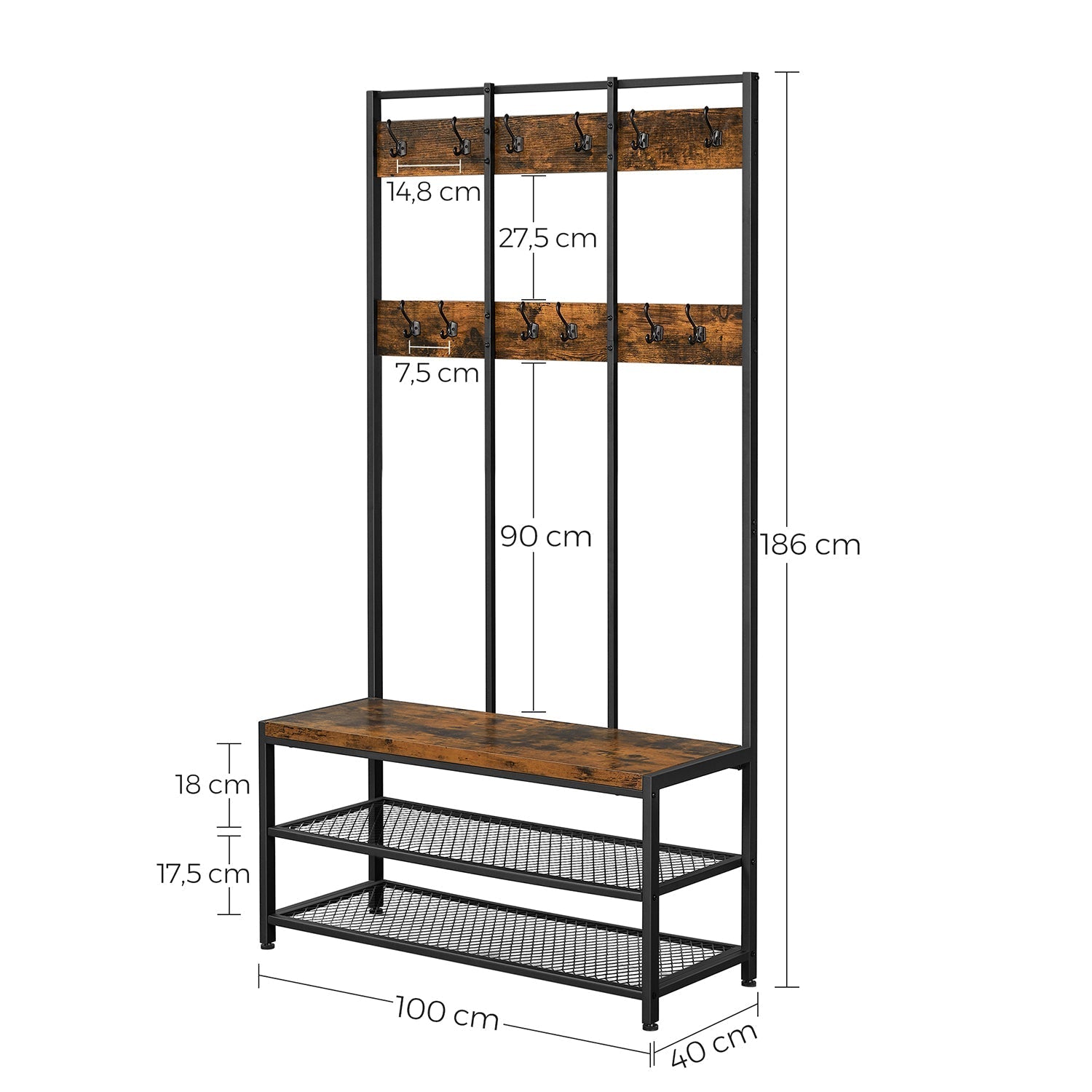 Kleiderregal mit Sofa - 12 Kleiderhaken - Schuhregal - Industrielles Design - Stabiler Stahlrahmen