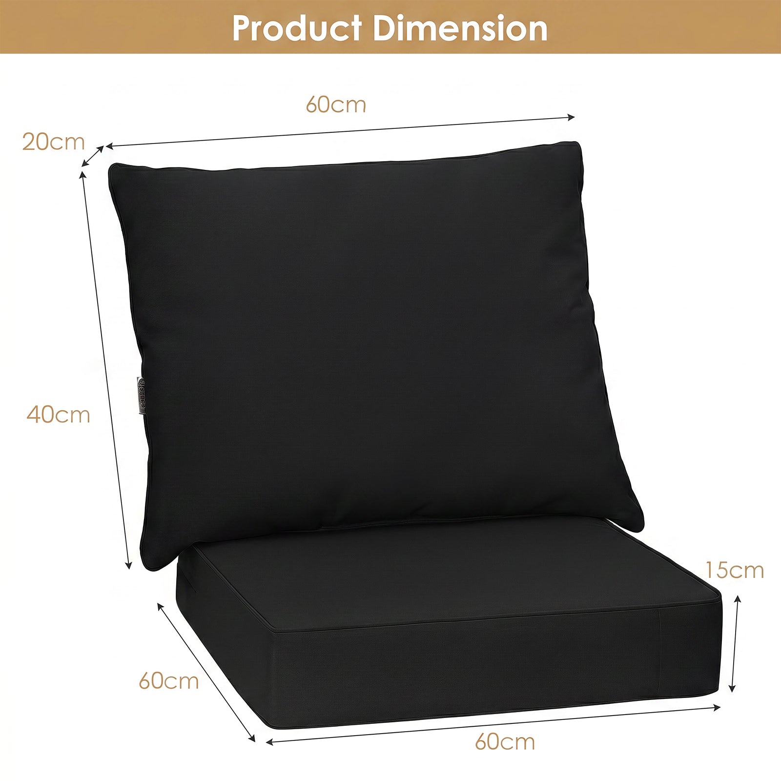 Trädgårdsmöbeldynor: – Sittdyna + Ryggdyna Svarta trädgårdsstolsdynor – 60 x 60 x 15 cm 60 x 40 x 20 cm – Svart