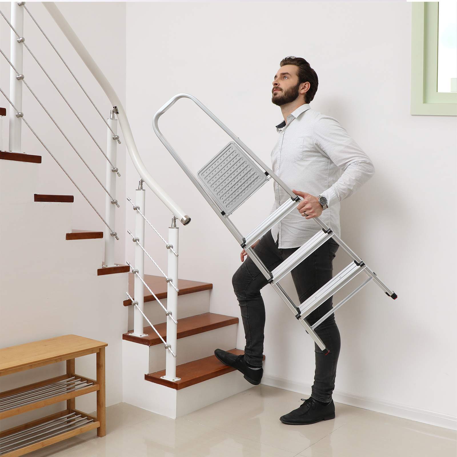 Haushaltsradder - 4 Level - Aluminium - Anti -Slip - Silber