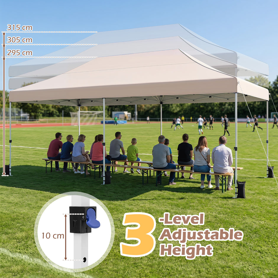 Hopfällbar – paviljong med fyra sidoväggar höjdläsbar pop up – 3 x 6 m – Beige