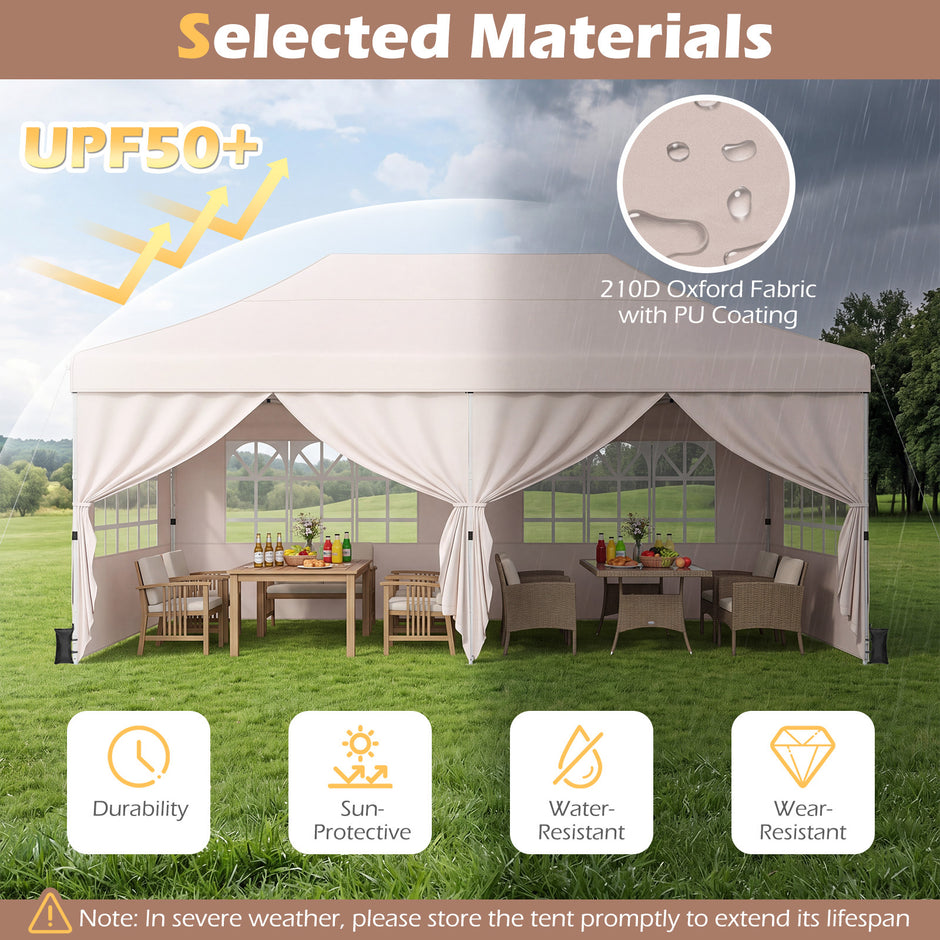 Hopfällbar – paviljong med fyra sidoväggar höjdläsbar pop up – 3 x 6 m – Beige