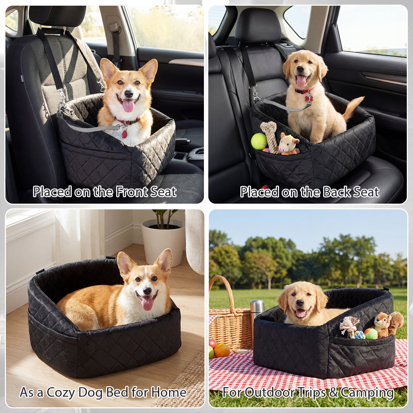 Hundbilbänk – för små/mellanhundar, mjuk med säkerhetsbälten och sidfickor