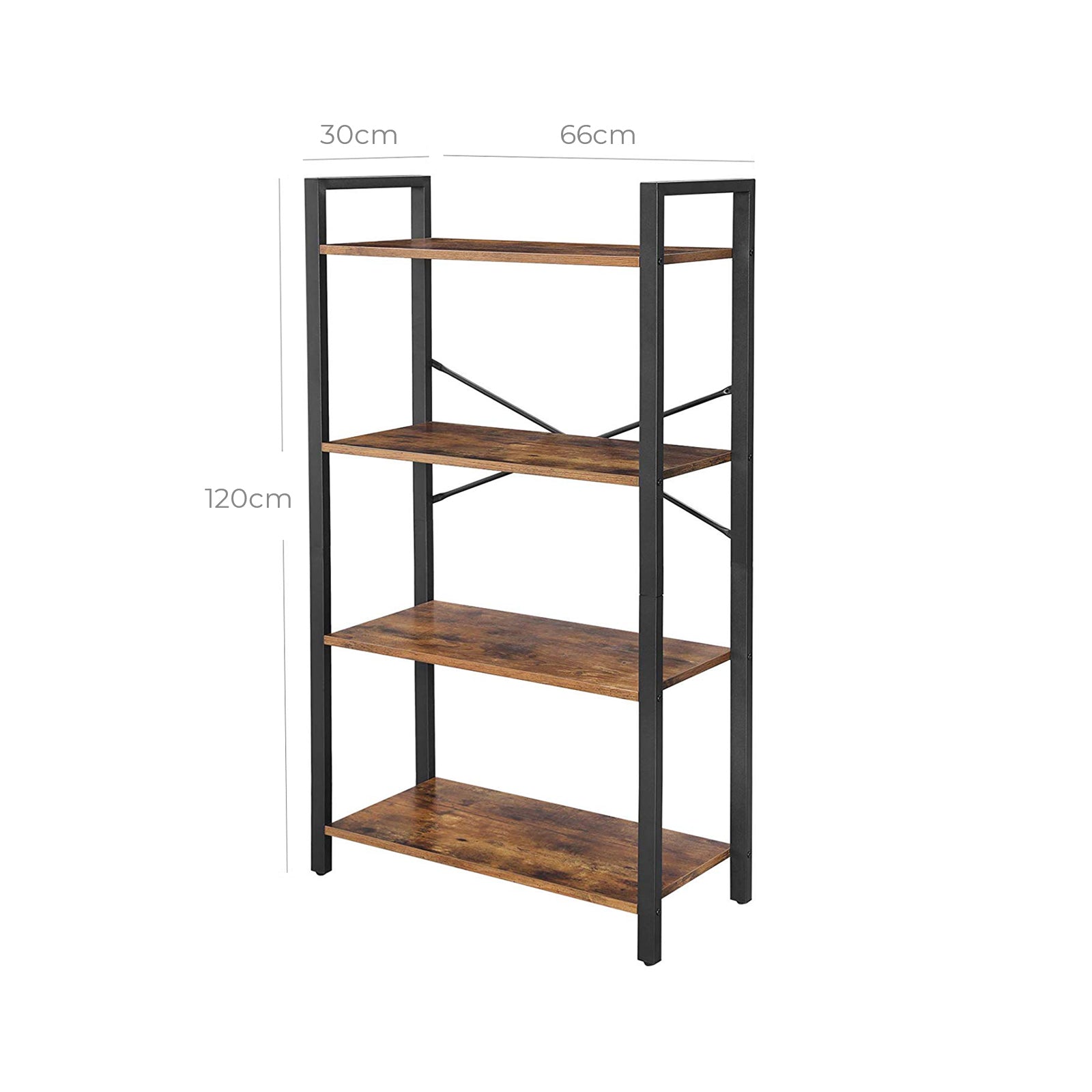 Bücherregal - 4 Level - Lagerregal mit Stahlrahmen - 120 cm hoch - braun/schwarz