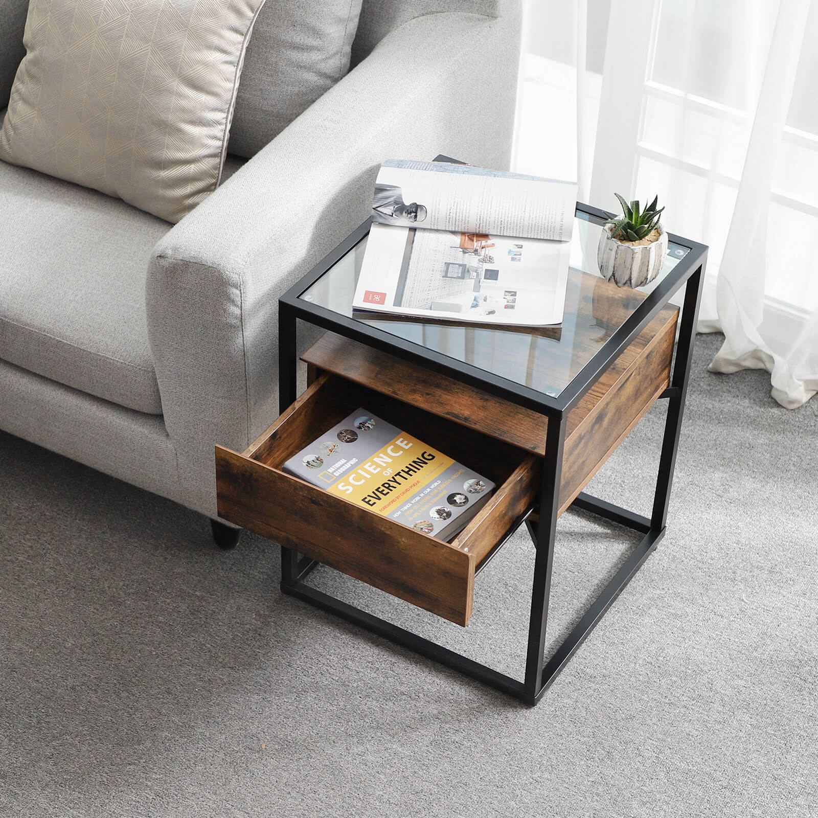 Nachttisch - Beistelltisch mit Glas und Schubladen - Vintage -Design - braun/schwarz