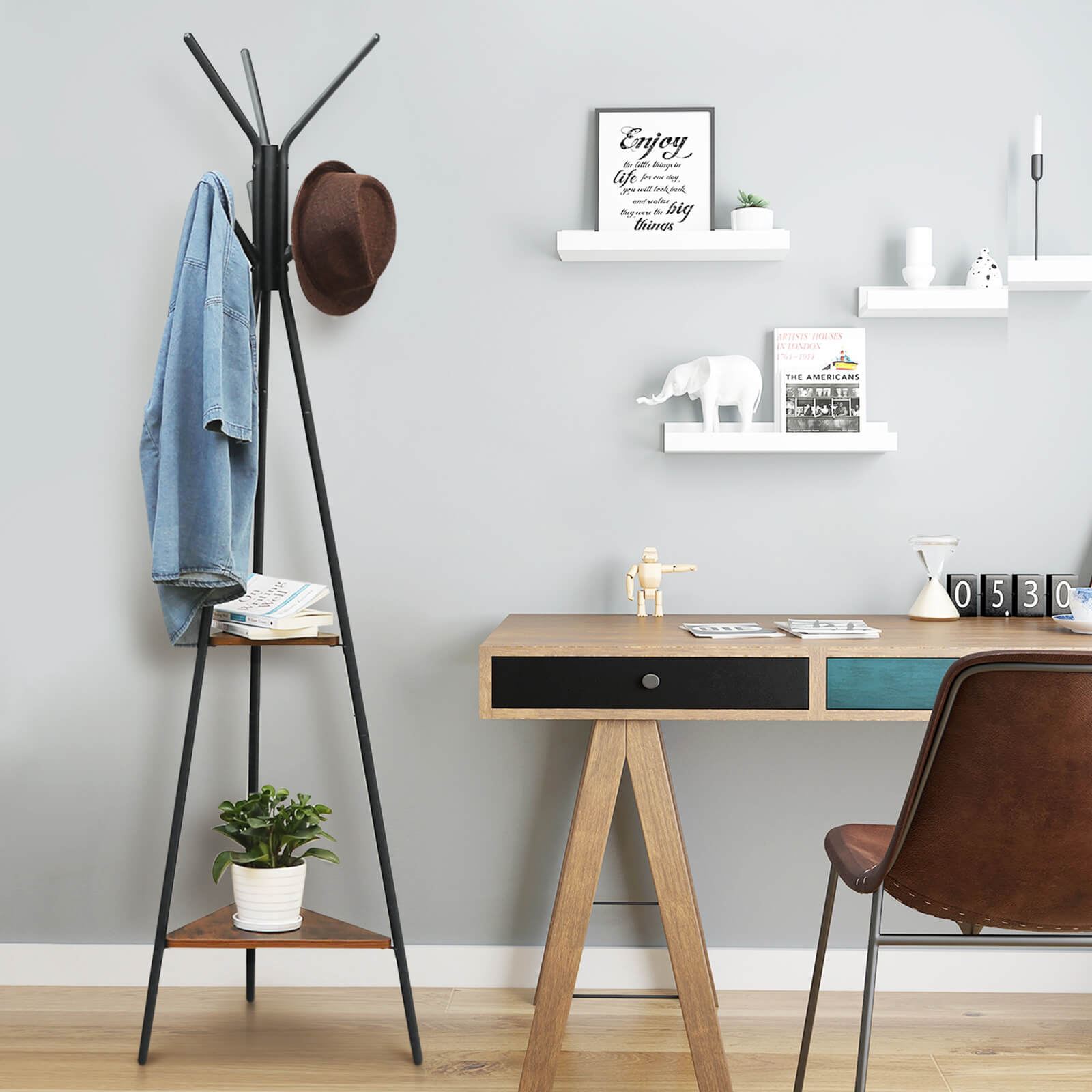 Coat Rack - Baumform - mit 2 Regalen - industrielles Design