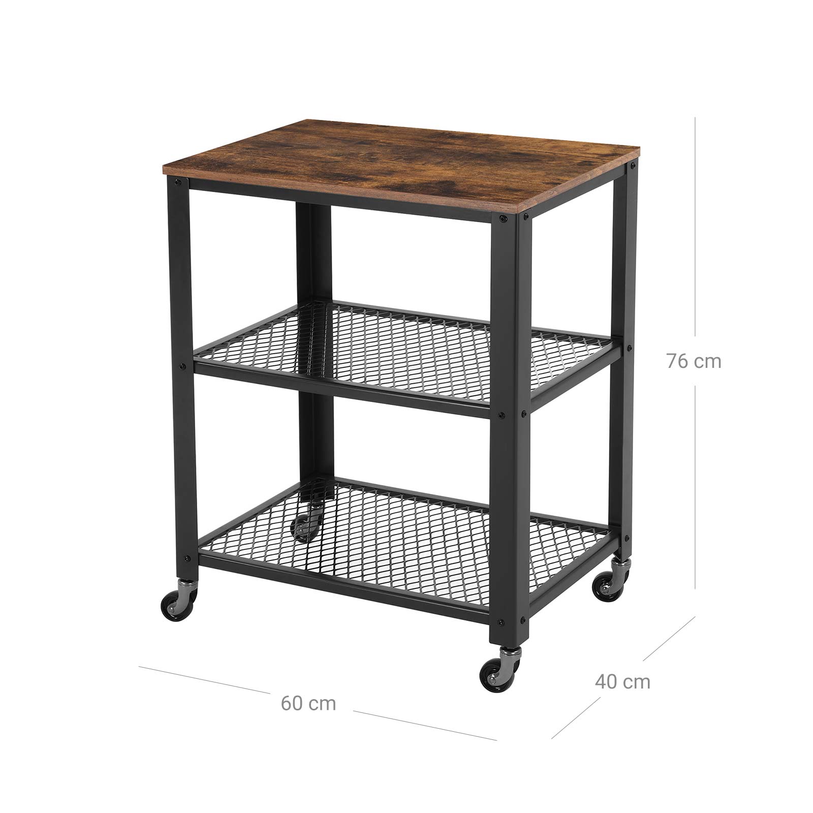 Seitentisch - Trolley - 3 Regale - auf Rädern - Industrial - Brown