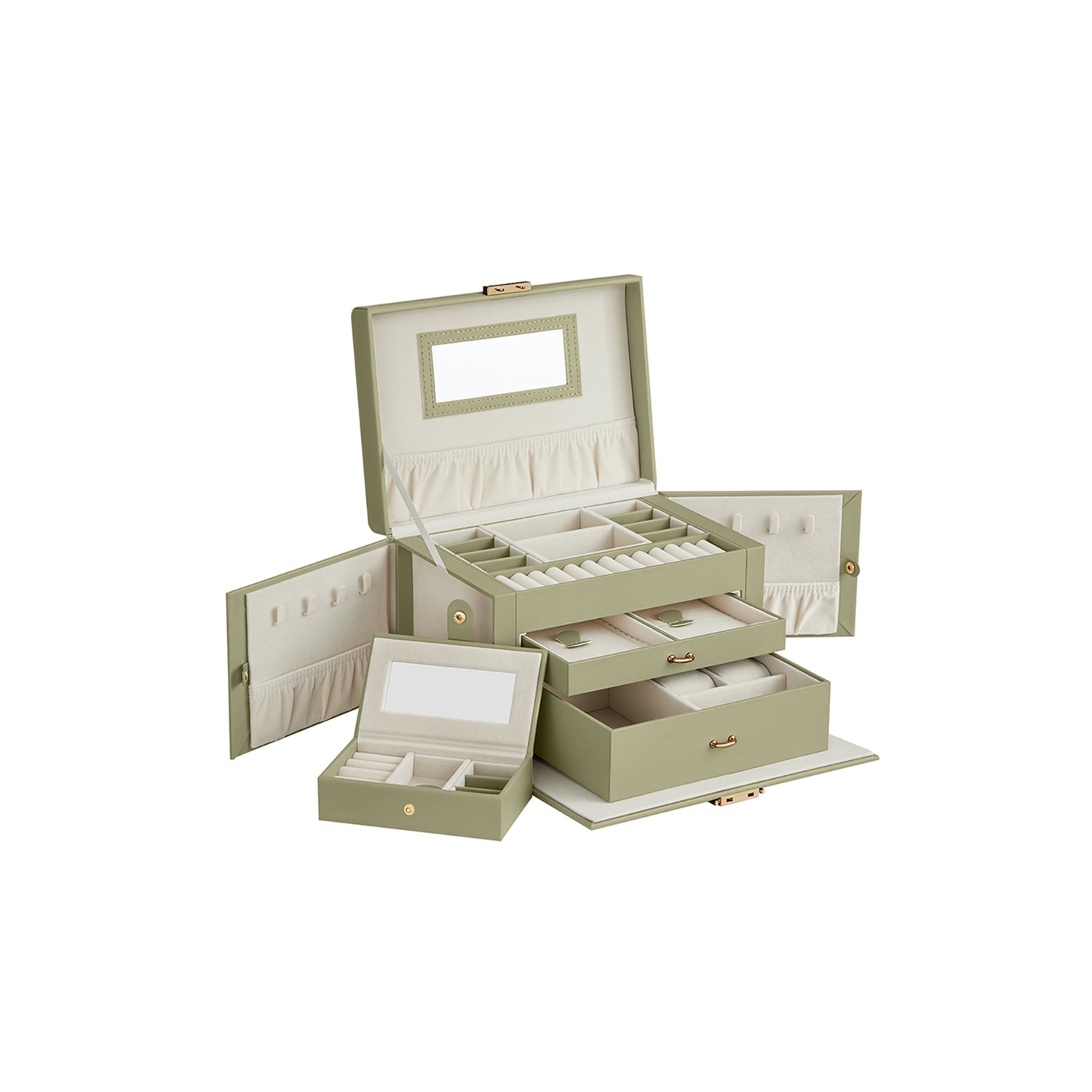 Schmuckschachtel - Schmuckschachtel - aus künstlichem Leder - mit Spiegel - 3 Schubladen - Schwarz