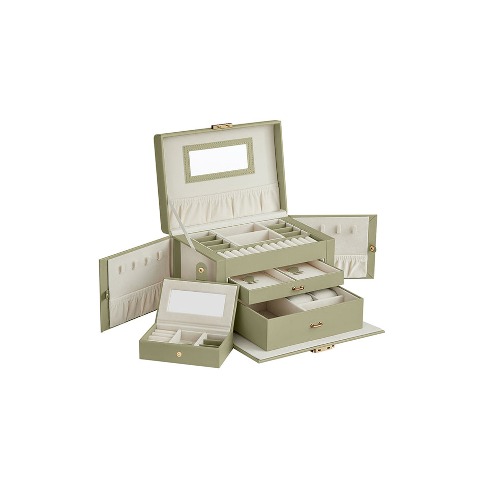 Schmuckschachtel - Schmuckschachtel - aus künstlichem Leder - mit Spiegel - 3 Schubladen - Schwarz