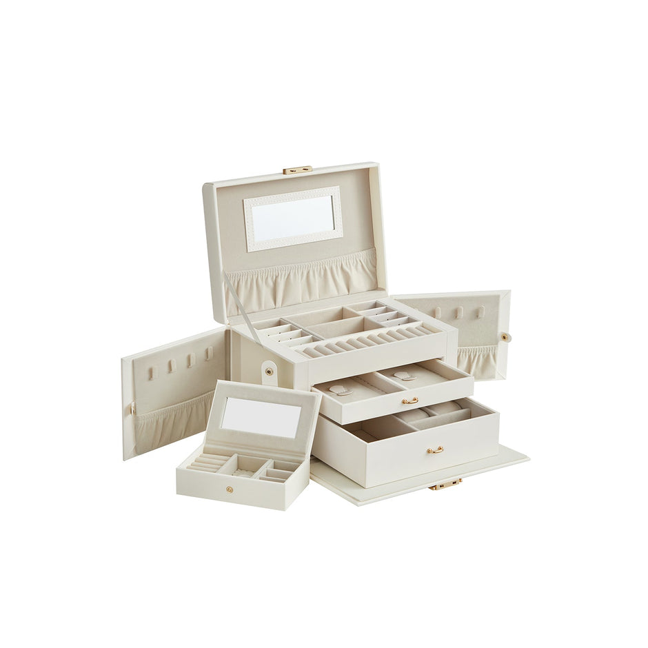 Schmuckschachtel - Schmuckschachtel - aus künstlichem Leder - mit Spiegel - 3 Schubladen - Schwarz