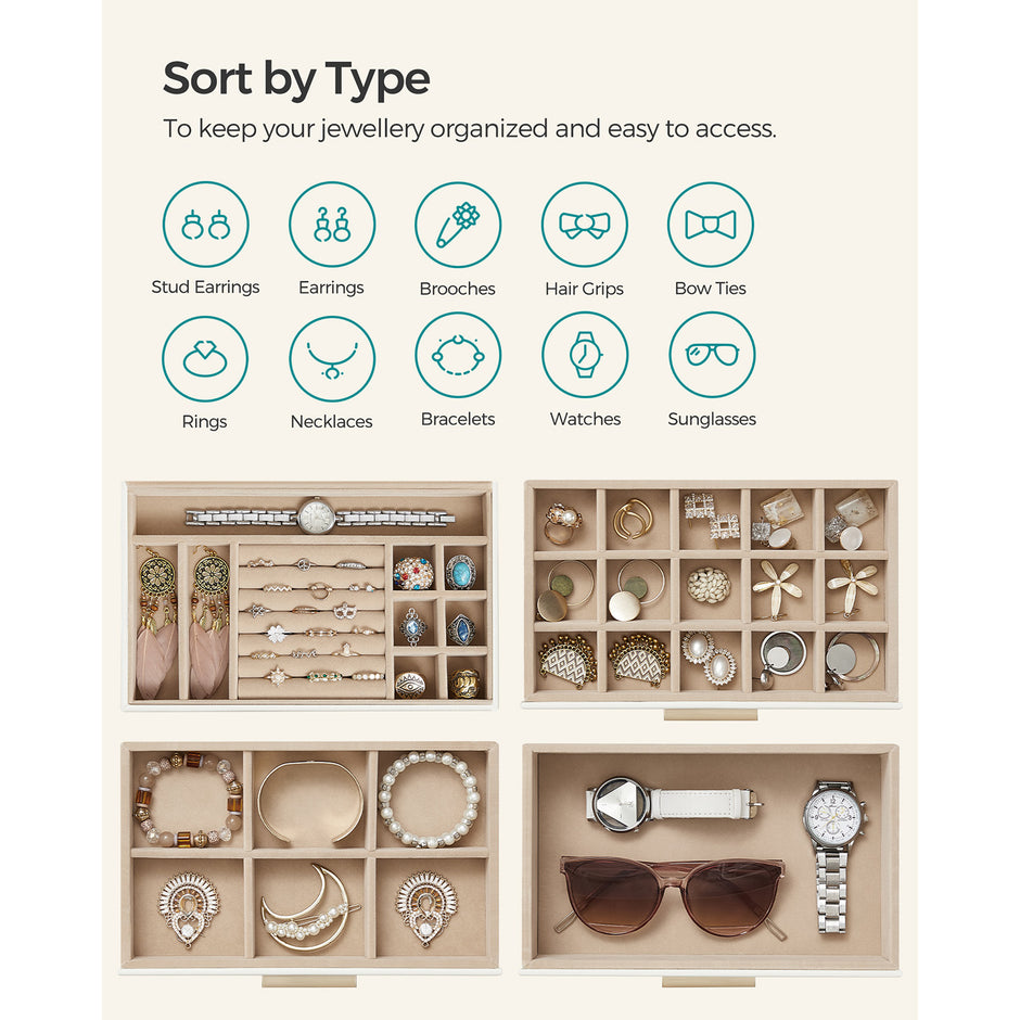 Schmuckschachtel - Schmuckschachtel - mit 4 Levels - mit Glasdeckel - 3 Schubladen - Weiß