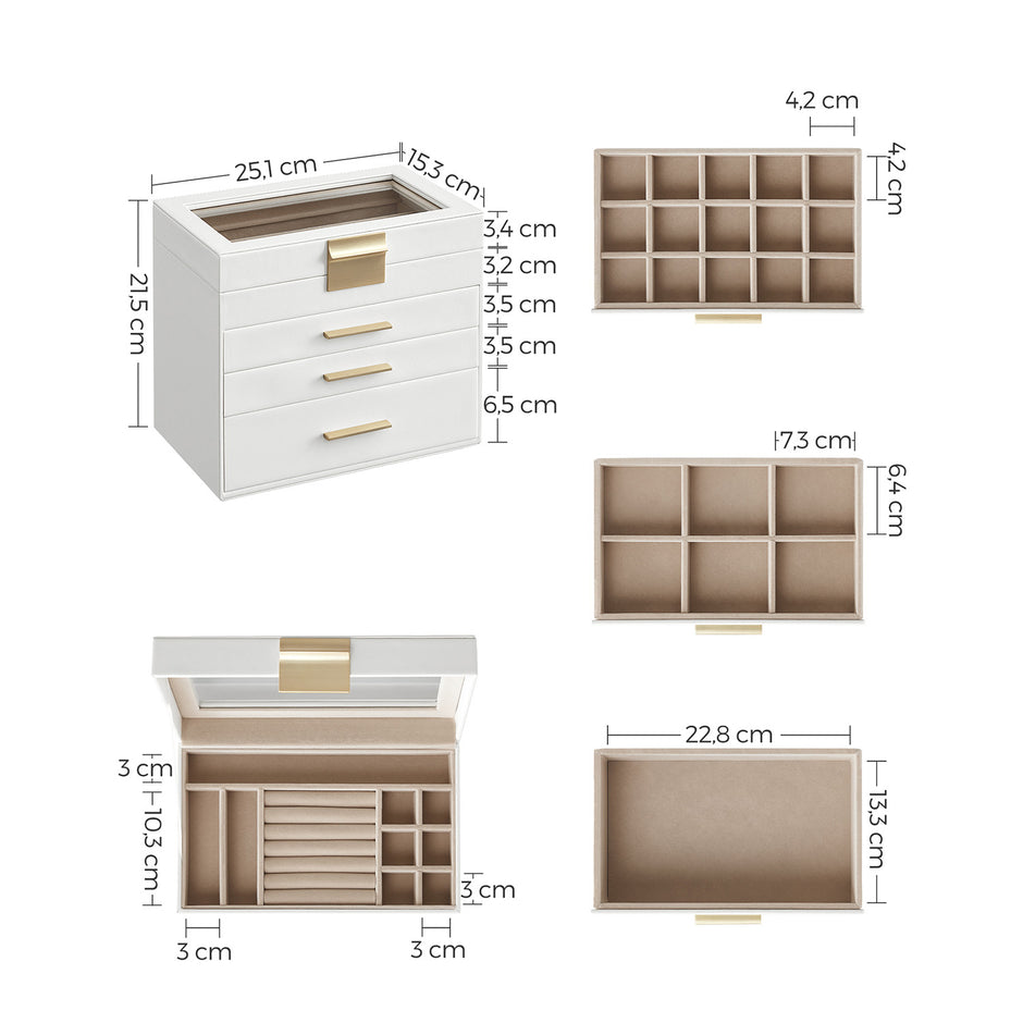 Schmuckschachtel - Schmuckschachtel - mit 4 Levels - mit Glasdeckel - 3 Schubladen - Weiß