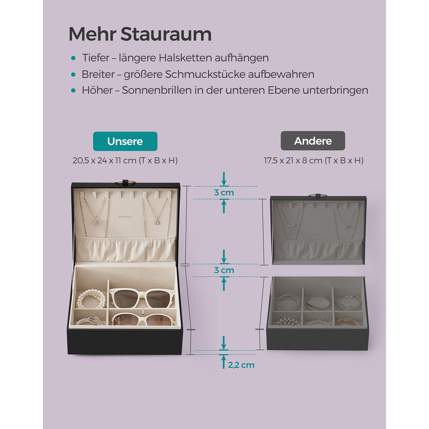 Juwelierschachtel - 2 Level - mit Griff - Flexible Schmucktablett - Schwarz