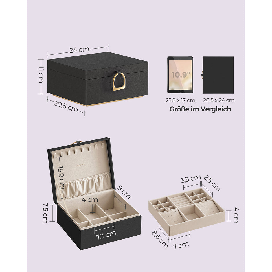 Juwelierschachtel - 2 Level - mit Griff - Flexible Schmucktablett - Schwarz