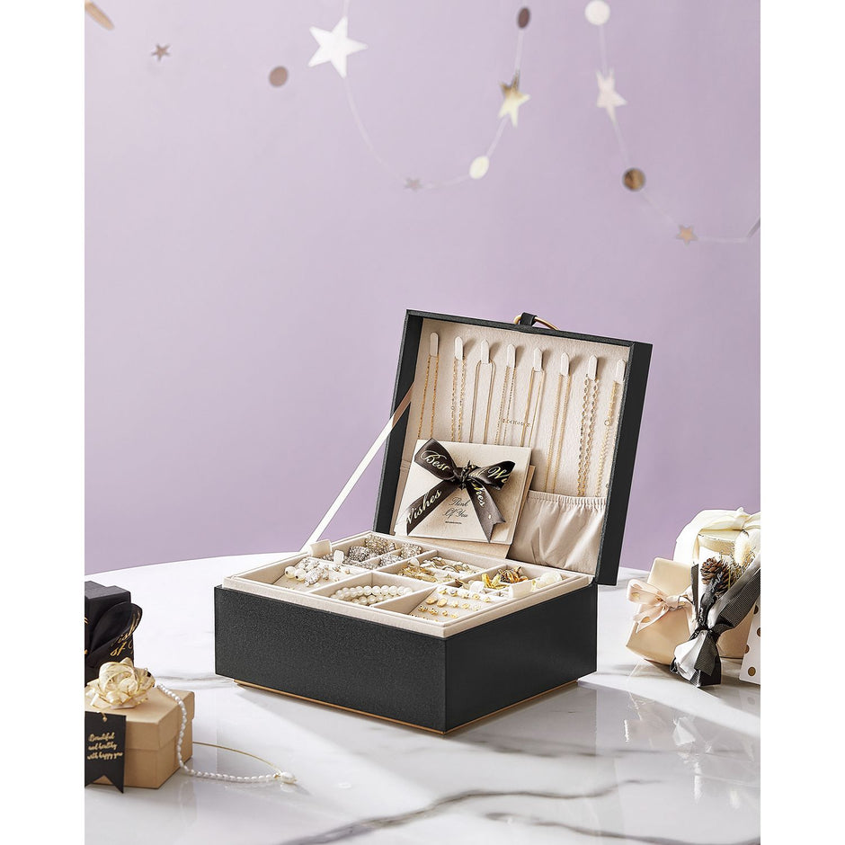 Schmuckschachtel - 2 Level - Handle - Flexible Schmucktablett - Schwarz