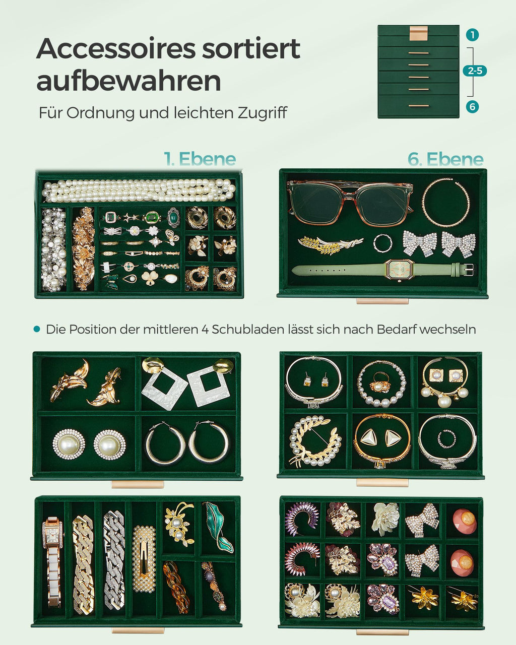 Schmuckschachtel-5 Schubladen-Modern-Bosgroen-Goud