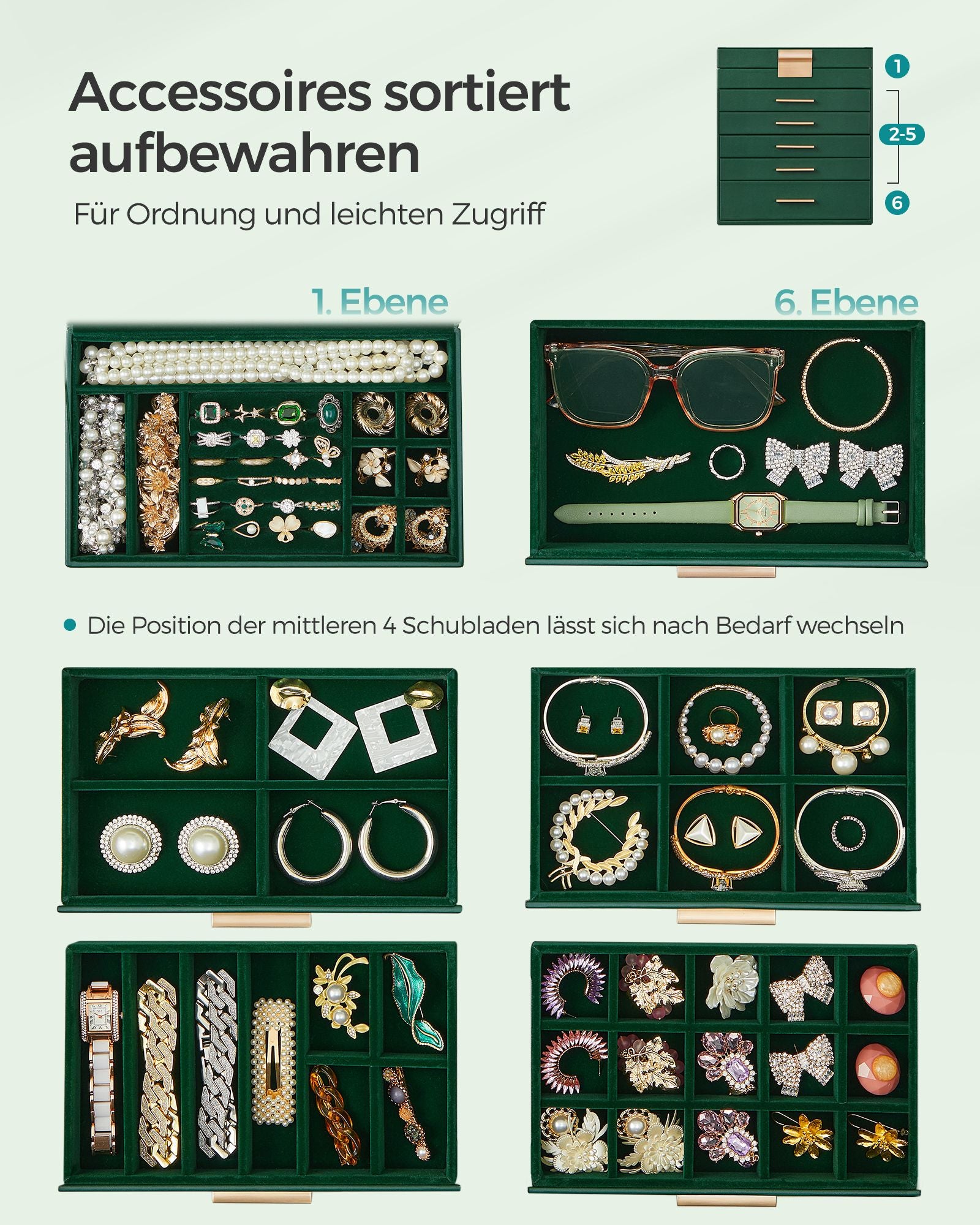 Schmuckschachtel-5 Schubladen-Modern-Bosgroen-Goud