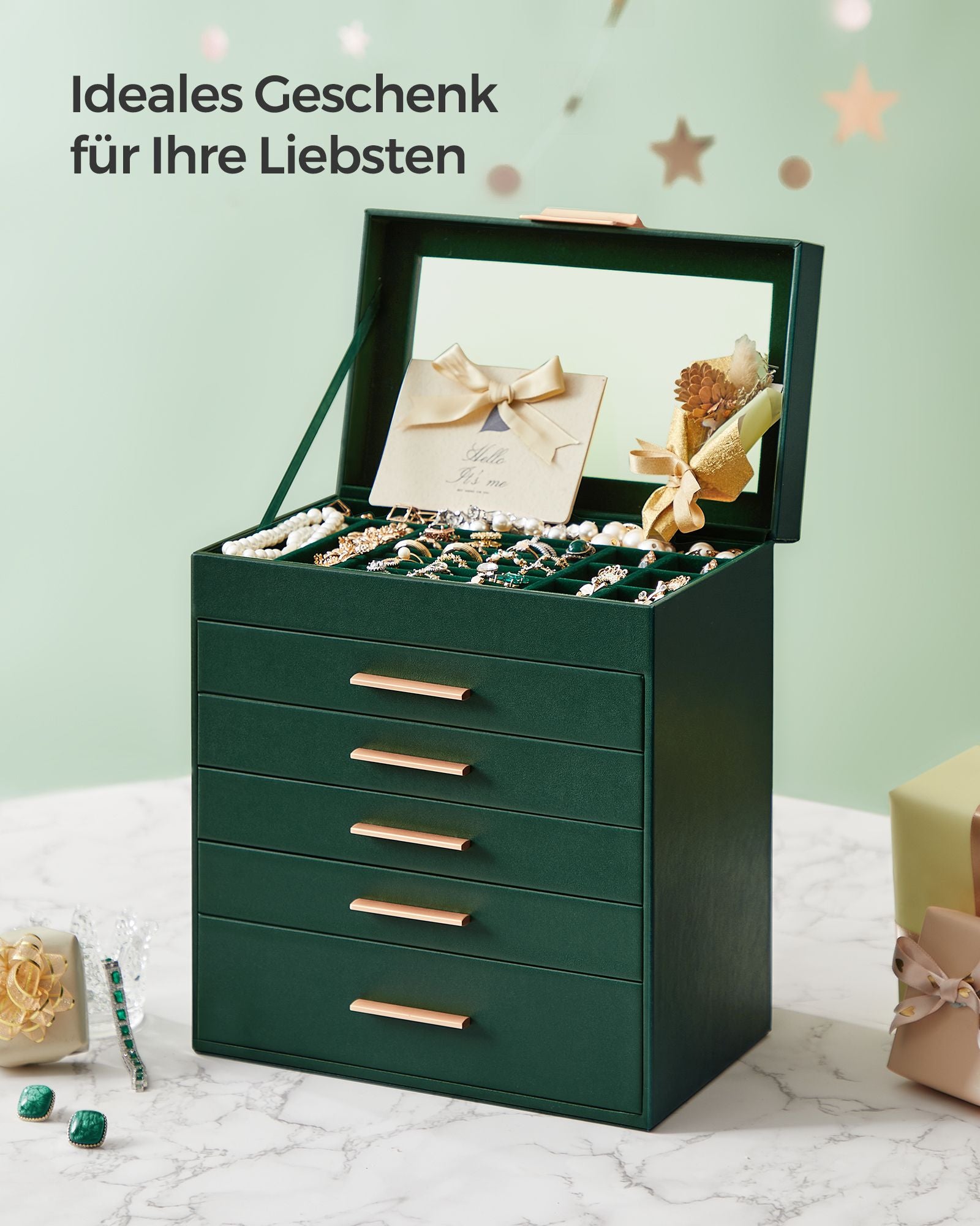 Schmuckschachtel-5 Schubladen-Modern-Bosgroen-Goud