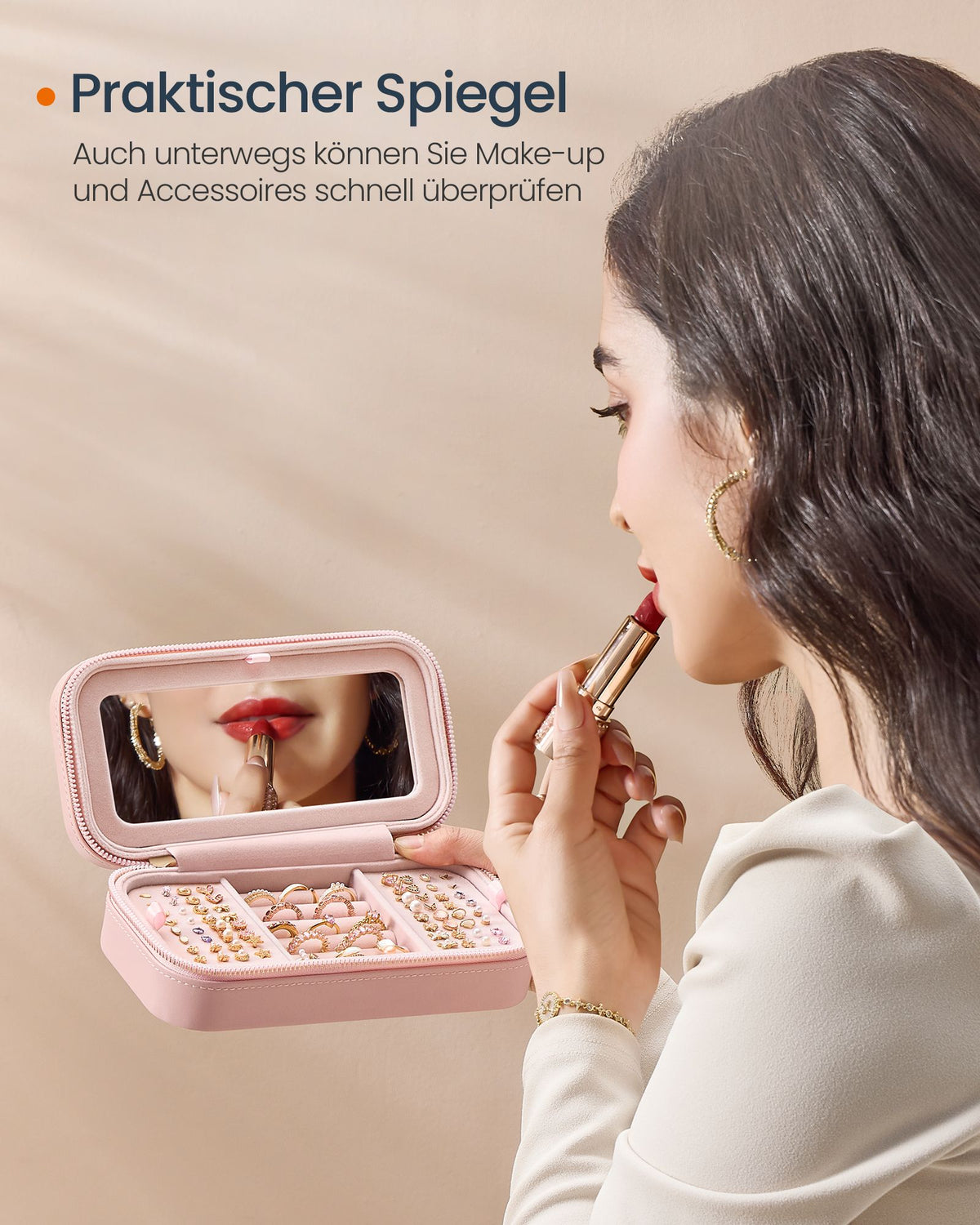 Sieradendoos voor op Reis – Met Spiegel en Vakken – PU-leer – Pastelroze