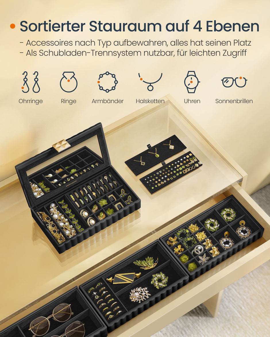 Schmuckschachtel mit Spiegel und 4 Levels Tinte Schwarz schwarz