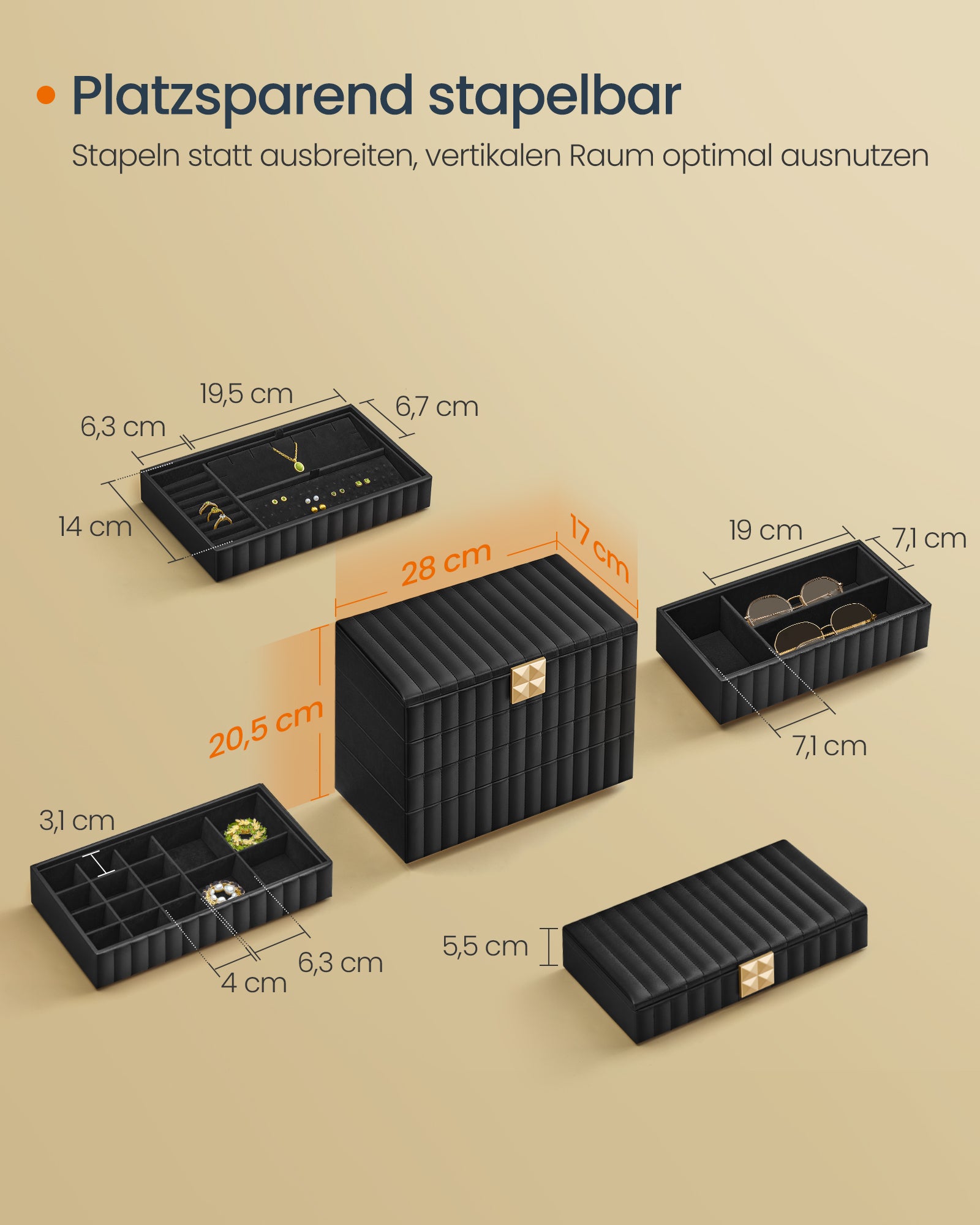 Schmuckschachtel mit Spiegel und 4 Levels Tinte Schwarz schwarz