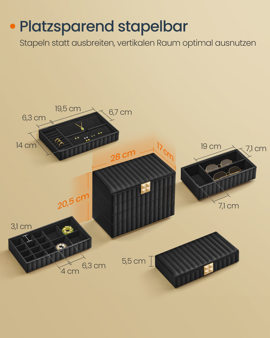 Schmuckschachtel mit Spiegel und 4 Levels Tinte Schwarz schwarz