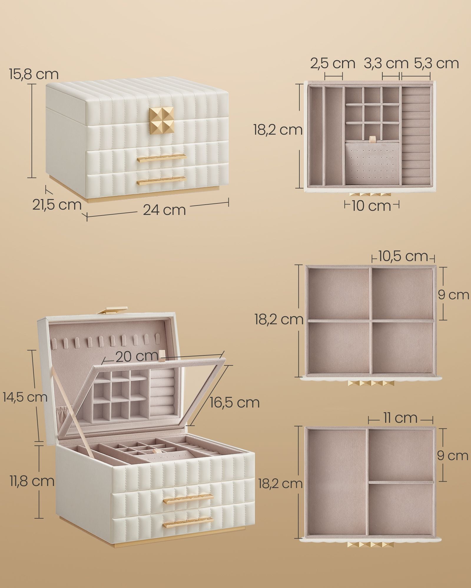 Songmics Home Anah Collection - Schmuckschachteln mit Mirror 3 Levels Wolkwit