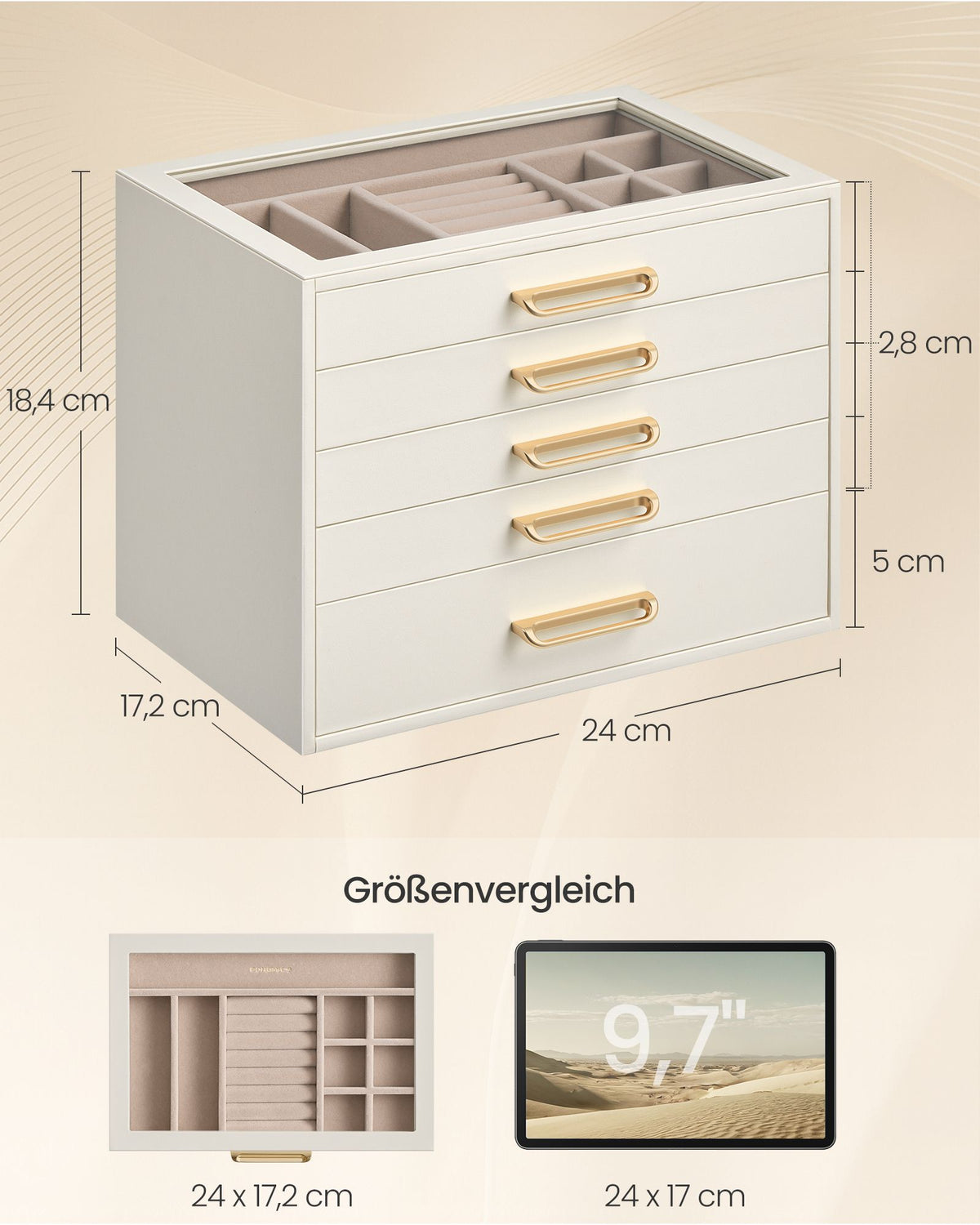 Sieradendoos – Met Glazen Deksel – 5 Lagen – Lades – Crèmewit en Kameelbruin