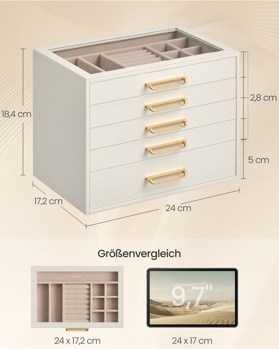 Sieradendoos – Met Glazen Deksel – 5 Lagen – Lades – Crèmewit en Kameelbruin