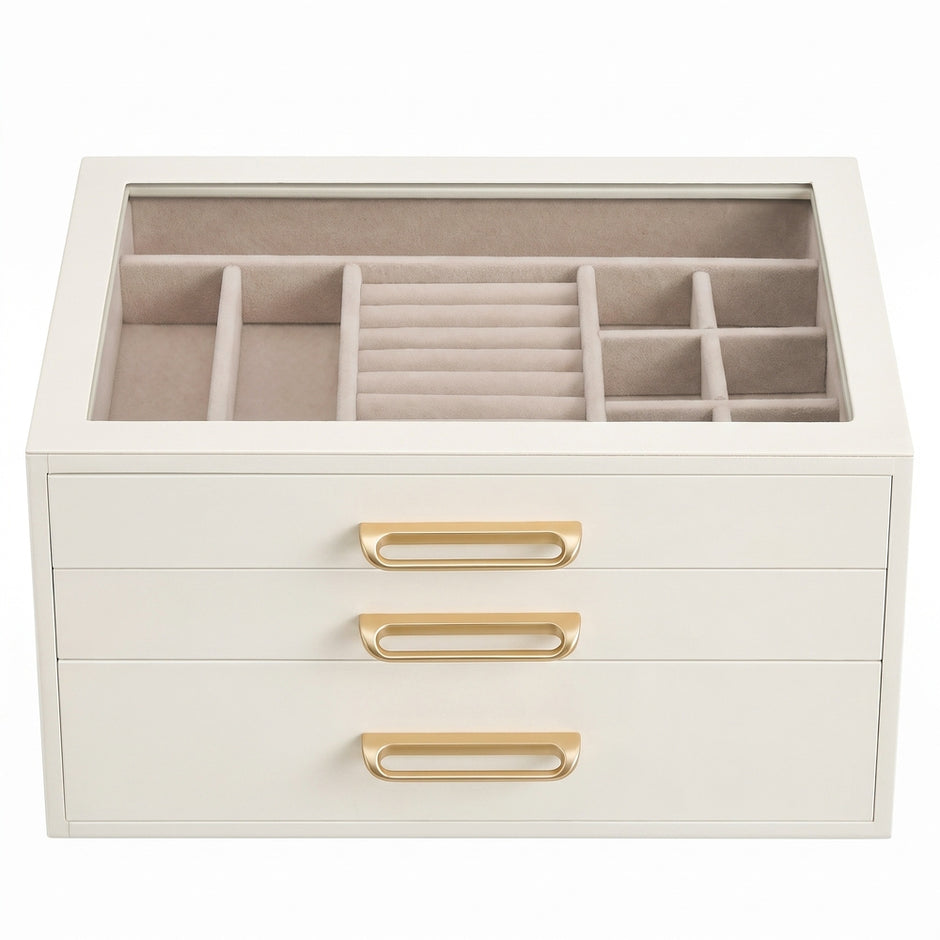 Sieradendoos - Met Glazen Deksel en Meerdere Vakken - Wit en beige - 24 x 16 x 12,5 cm