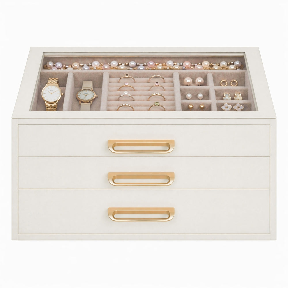 Sieradendoos - Met Glazen Deksel en Meerdere Vakken - Wit en beige - 24 x 16 x 12,5 cm