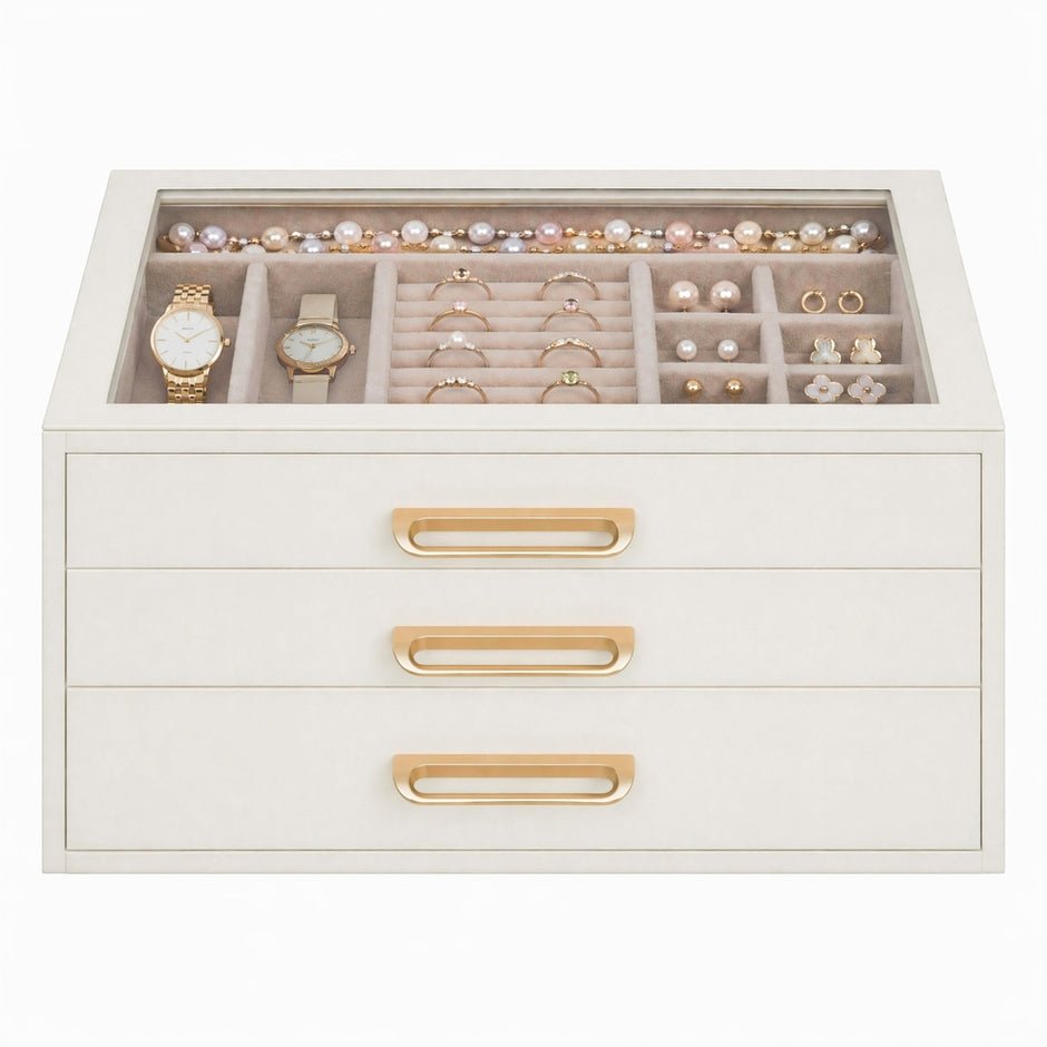 Sieradendoos - Met Glazen Deksel en Meerdere Vakken - Wit en beige - 24 x 16 x 12,5 cm