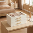 Sieradendoos - Met Glazen Deksel en Meerdere Vakken - Wit en beige - 24 x 16 x 12,5 cm