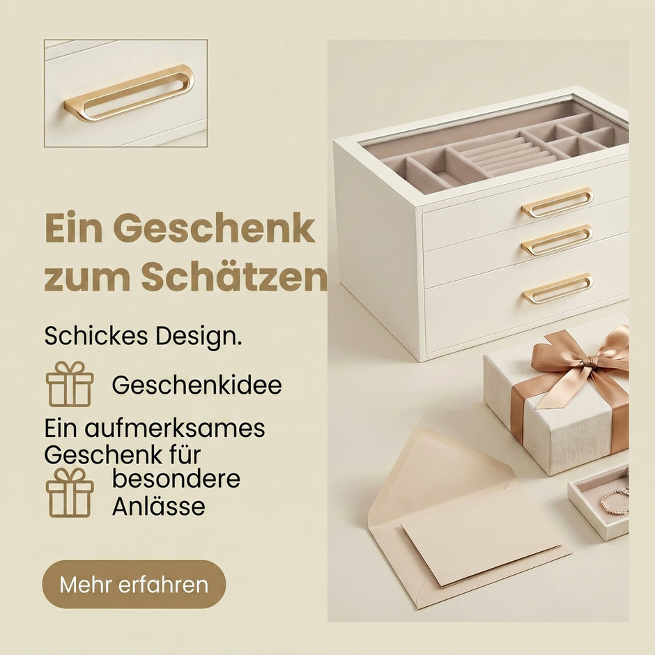 Sieradendoos - Met Glazen Deksel en Meerdere Vakken - Wit en beige - 24 x 16 x 12,5 cm