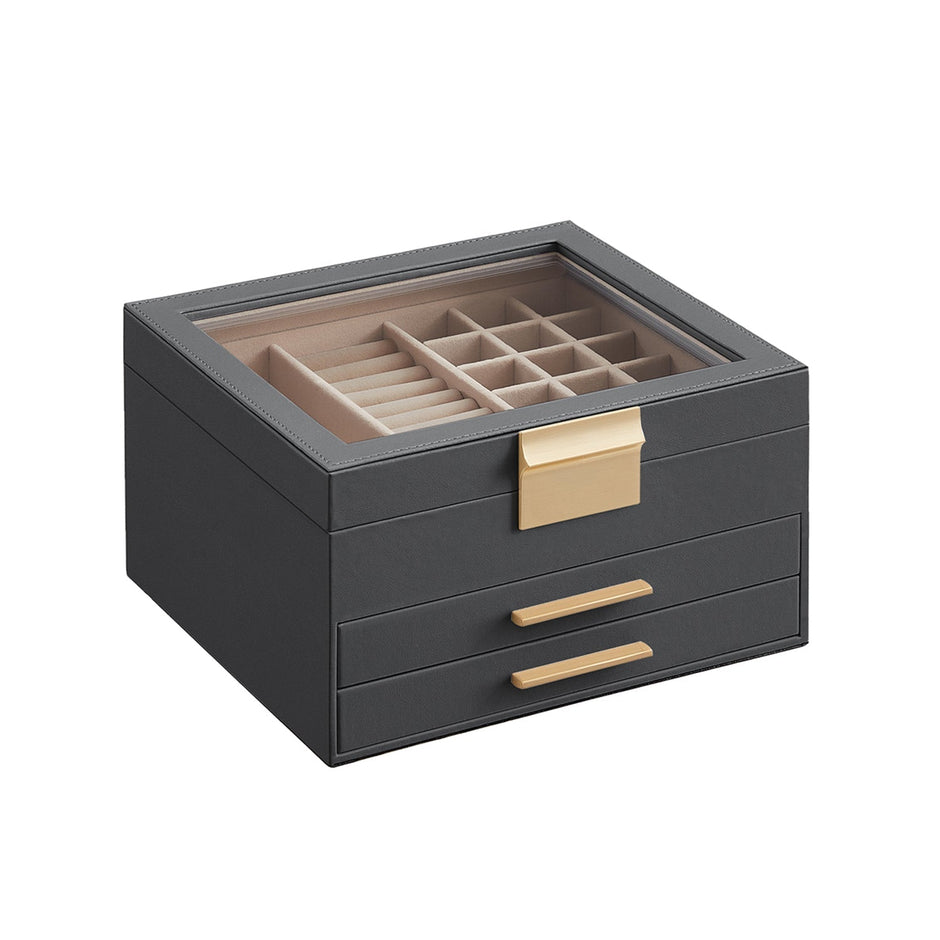 Schmuckschachtel - mit Glasdeckel und 2 Schubladen - Weiß