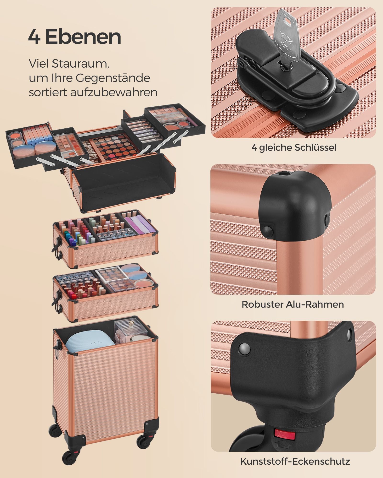 Kosmetischer Stamm-4-in-1-Make-Up Case-Champagne Gold