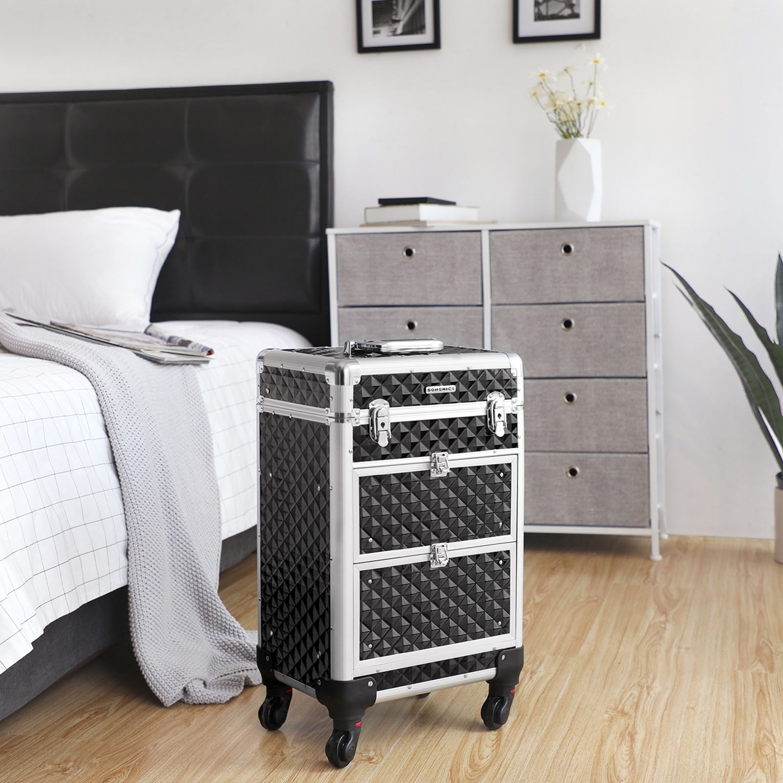Make -up Koffer - Professioneller Trolley - Friseurkoffer mit 4 Rädern - Schwarz