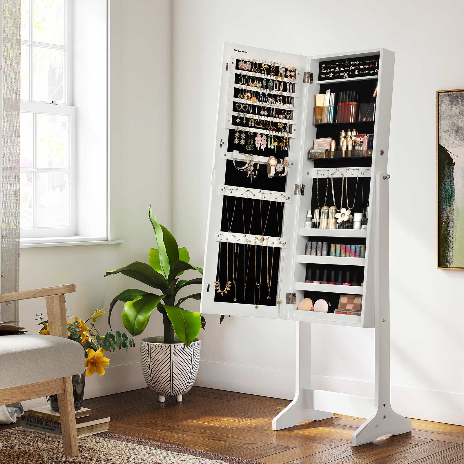 Schmuckschrank - Standspiegelschrank mit 2 Make -up -Organisatoren - Weiß