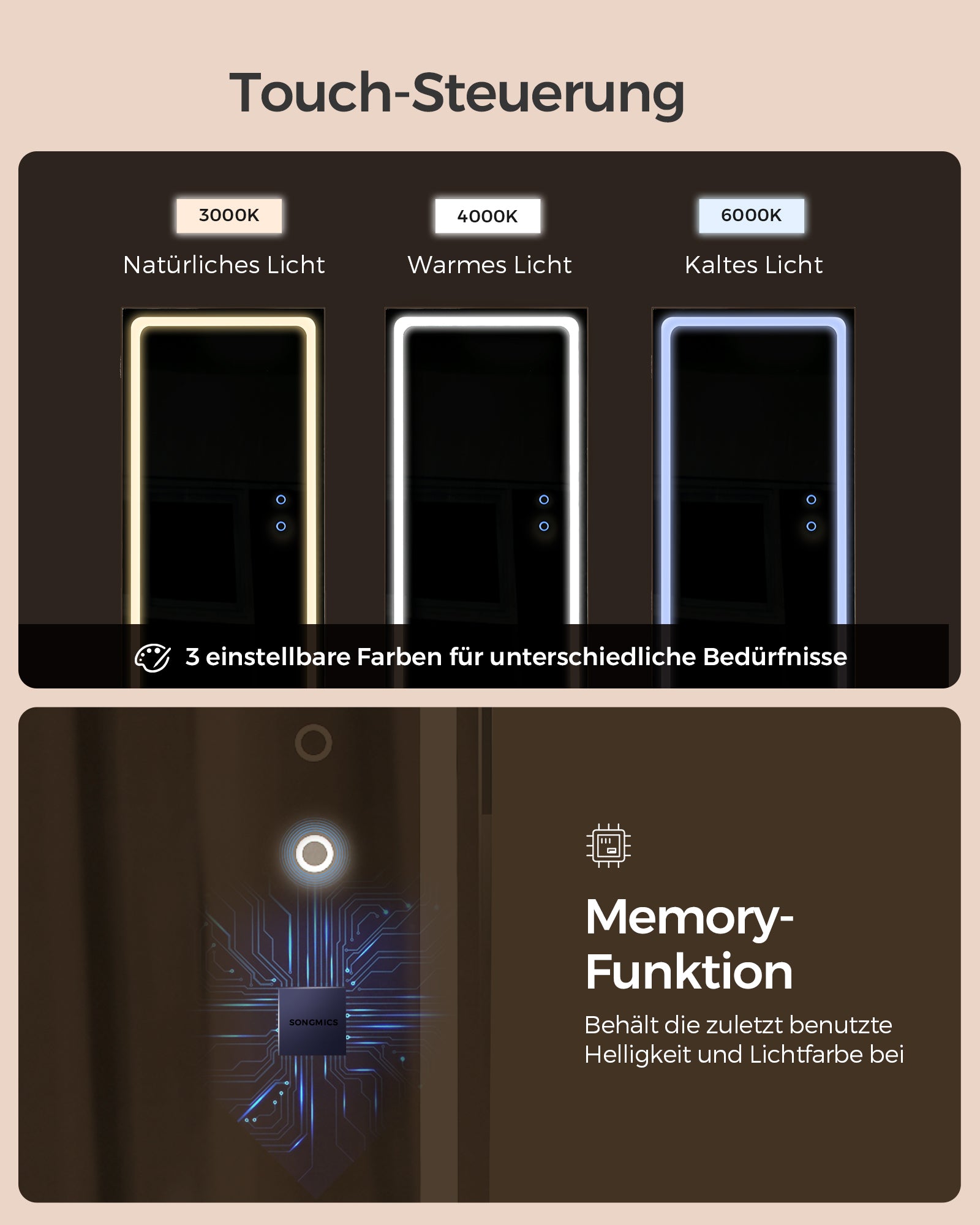 Schmuckschachtel mit LED-Beleuchtung und wolkenweißem Spiegel