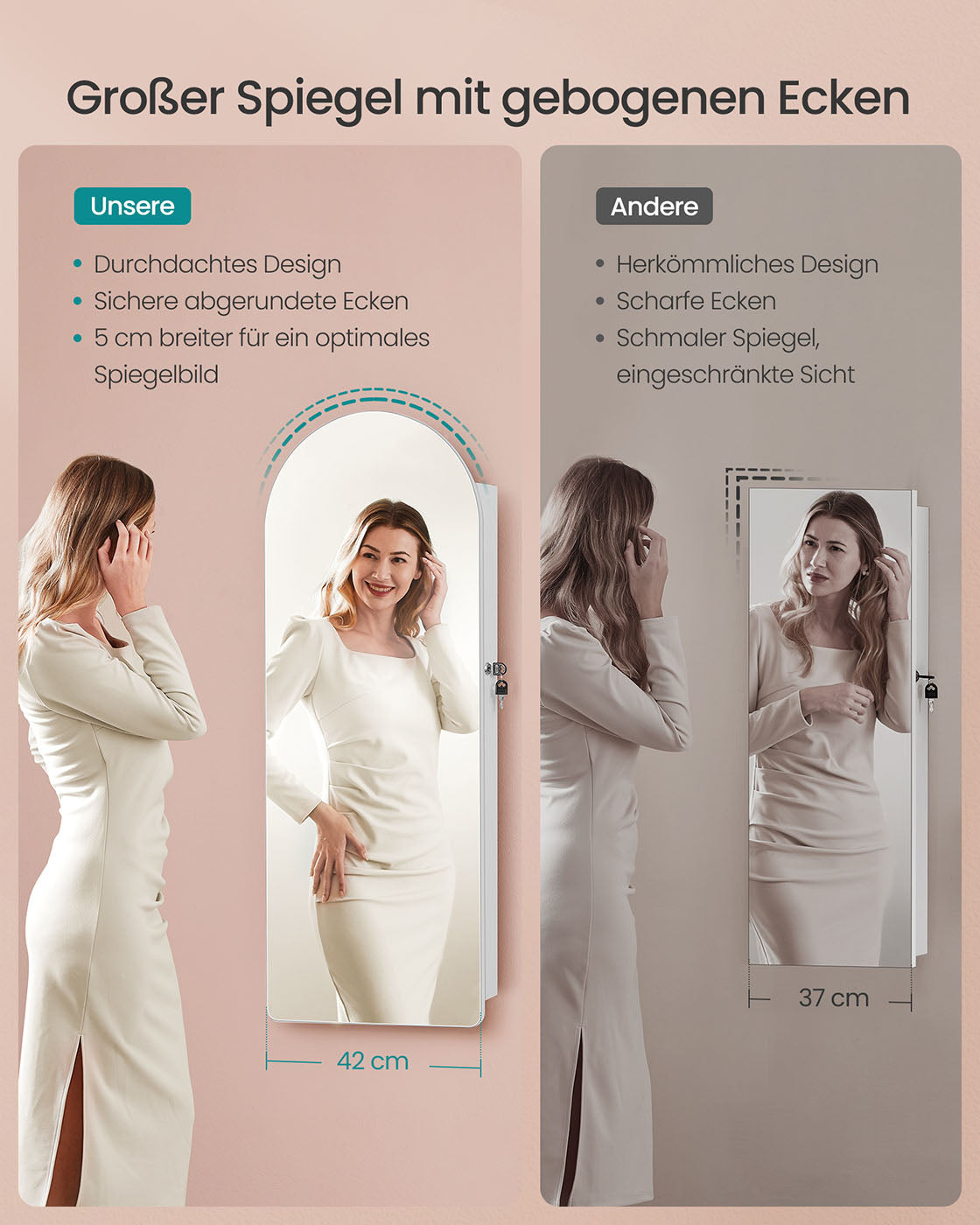 Schmuckschrank mit LED und Spiegel - stehendes Modell - bewölktes Weiß