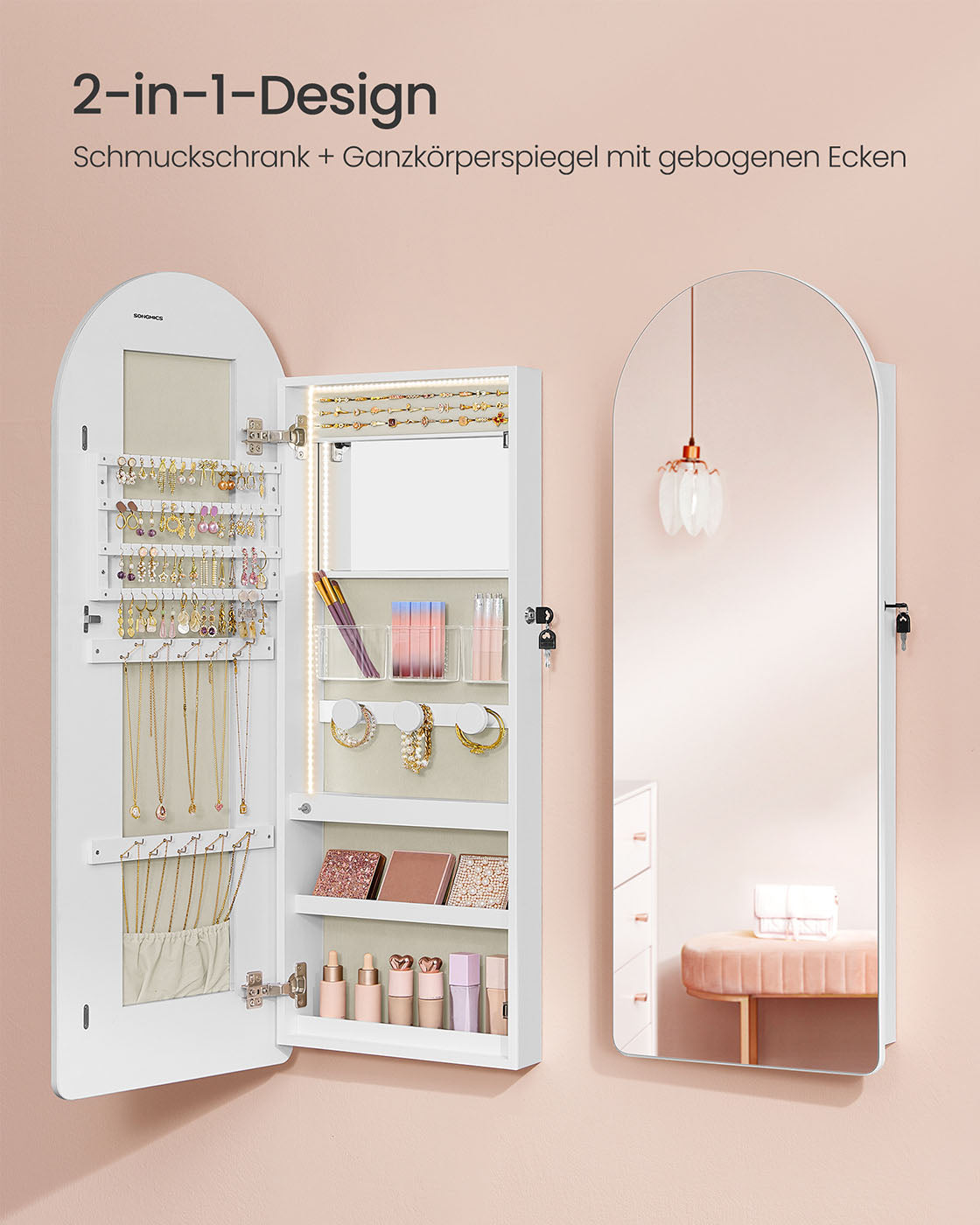 Schmuckschrank mit LED und Spiegel - stehendes Modell - bewölktes Weiß