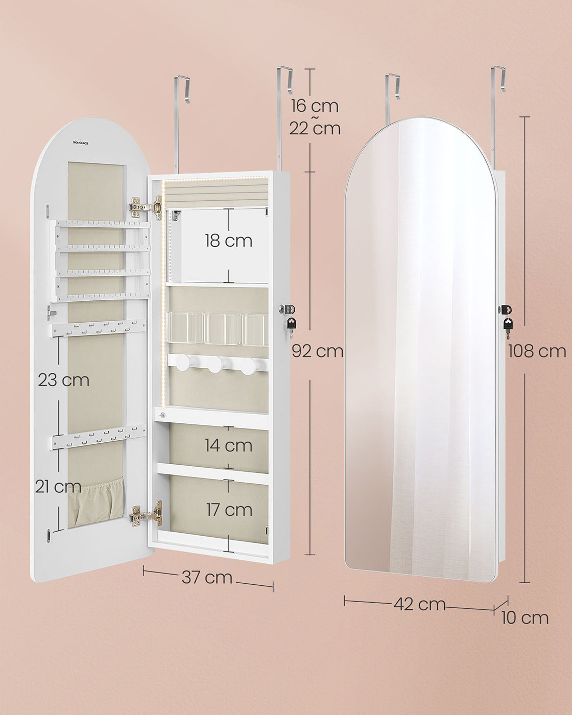 Schmuckschrank mit LED und Spiegel - stehendes Modell - bewölktes Weiß