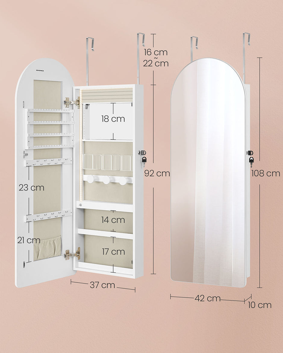 Schmuckschrank mit LED und Spiegel - stehendes Modell - bewölktes Weiß