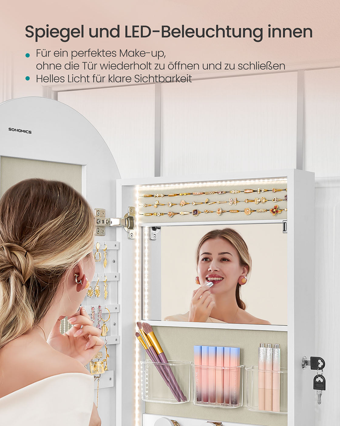 Schmuckschrank mit LED und Spiegel - stehendes Modell - bewölktes Weiß