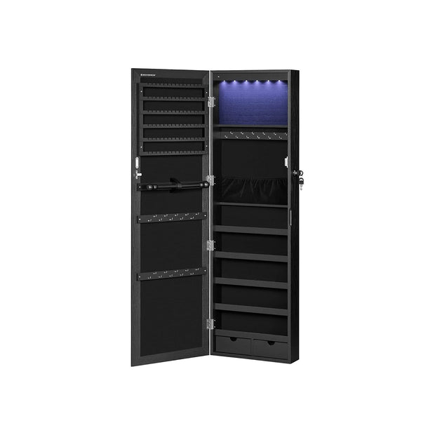 Schmuckschrank - Hängen - mit LED -Beleuchtung - Türmontage - Schwarz