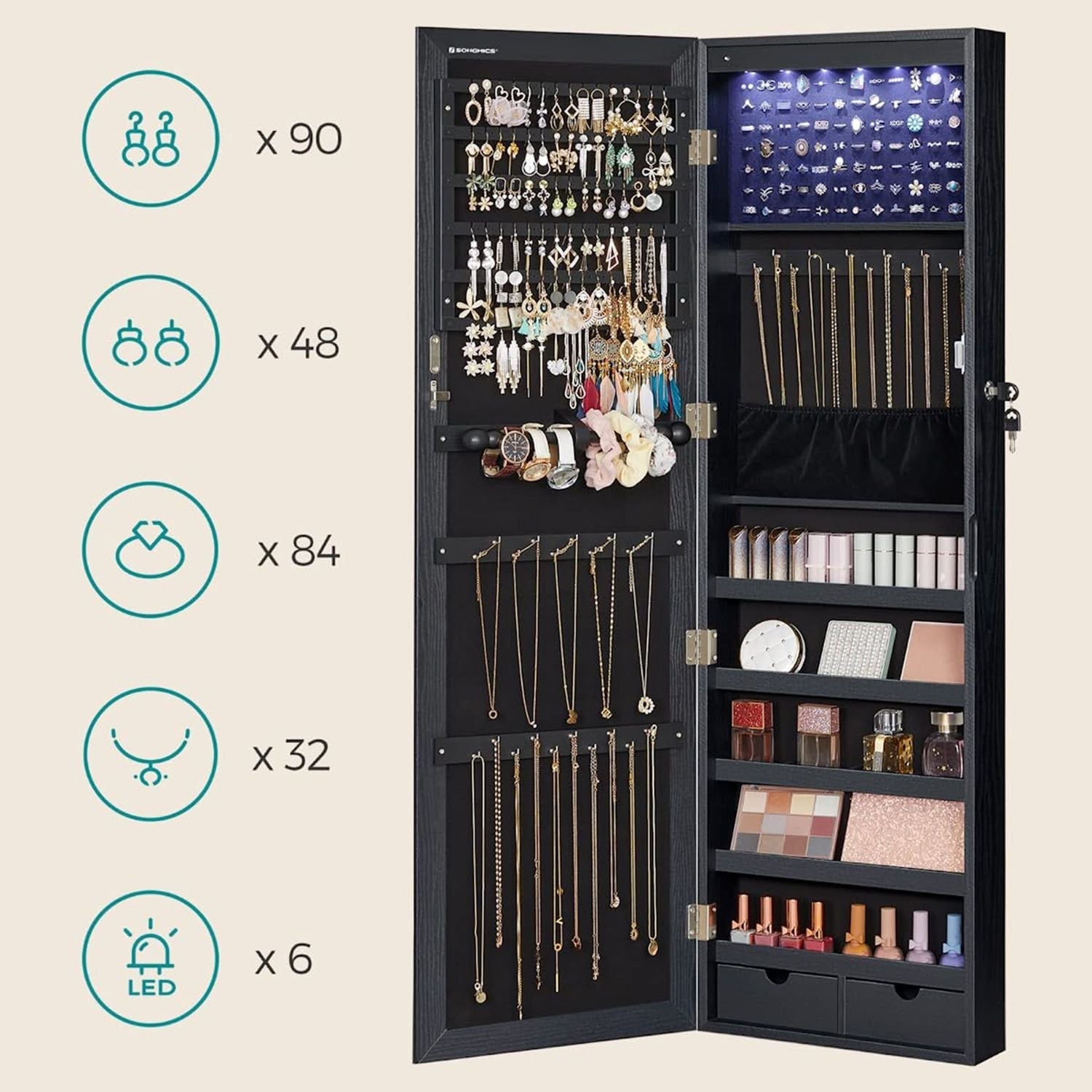 Schmuckschrank - Hängen - mit LED -Beleuchtung - Türmontage - Schwarz