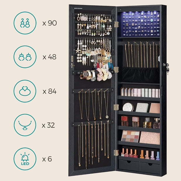 Schmuckschrank - Hängen - mit LED -Beleuchtung - Türmontage - Schwarz