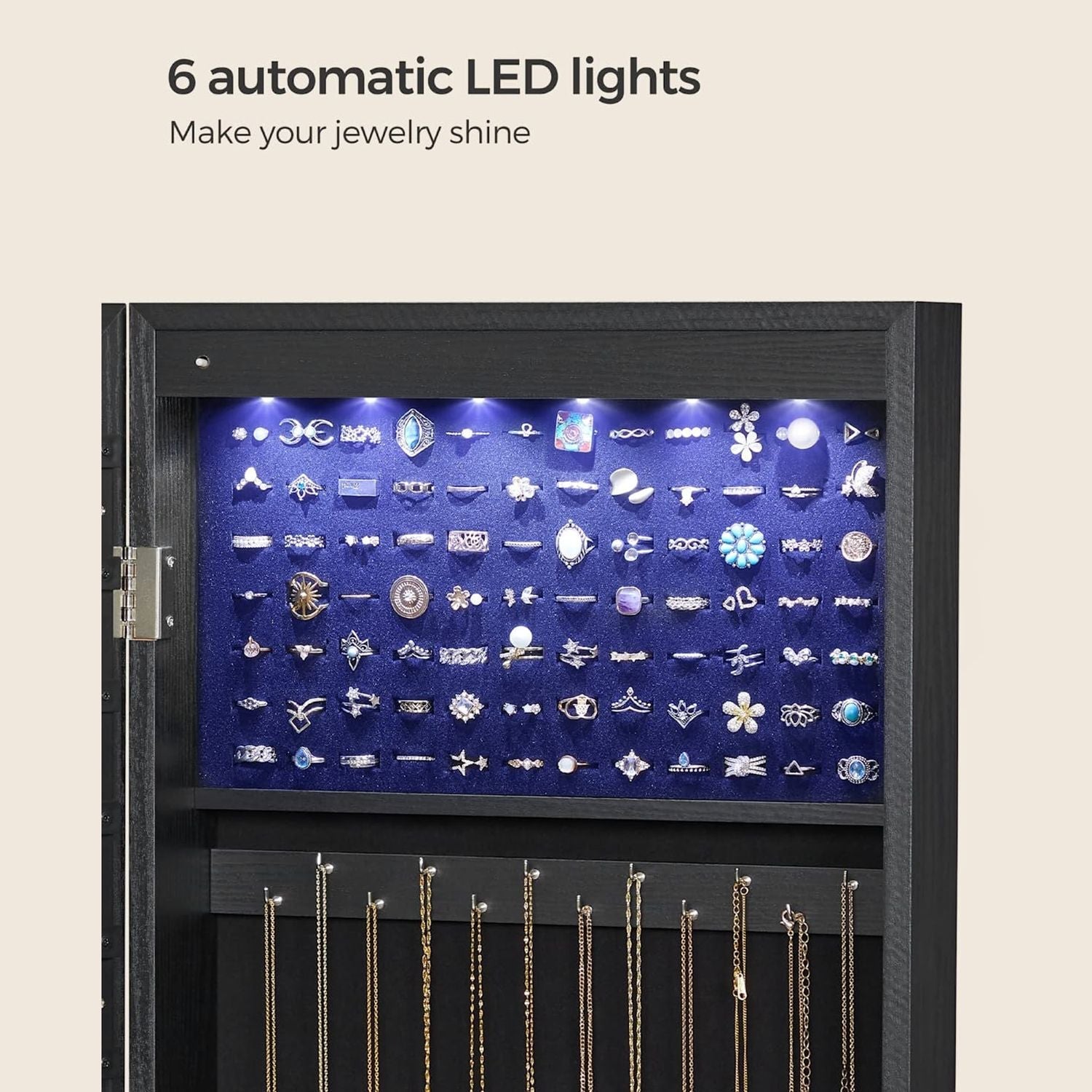 Schmuckschrank - Hängen - mit LED -Beleuchtung - Türmontage - Schwarz